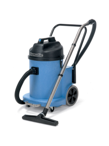 Blue Numatic industrial vacuum cleaner with trolley frame, hose, and floor tool.