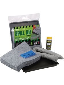 Portable spill kit in clear bag with absorbent pads, socks, and spill control accessories for oil and chemical spills