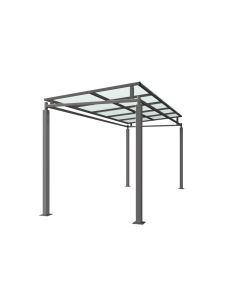 Steel outdoor canopy shelter with four-post frame and clear roof panels – weather protection for workplaces, schools, and public areas.