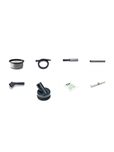 Set of assorted vacuum cleaner accessories, including brushes, filters, wands, and hose fittings.