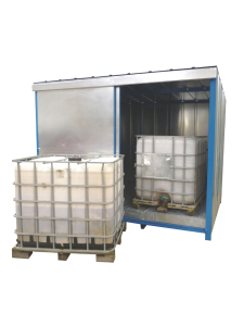 External IBC storage unit with open-front design, housing intermediate bulk containers for safe chemical and liquid storage.