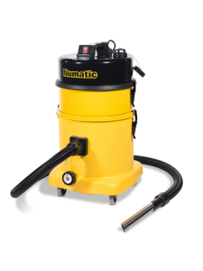 Yellow Numatic industrial vacuum cleaner with hose and metal probe attachment.