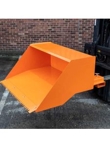 Heavy-duty orange forklift scoop attachment with reinforced design for safe material loading and handling.