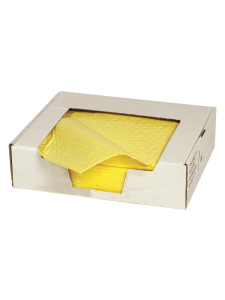Box of yellow absorbent pads for oil and liquid spill clean-up in industrial and commercial environments