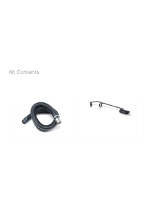 Vacuum cleaner kit contents including flexible hose, metal extension wand and cleaning nozzle