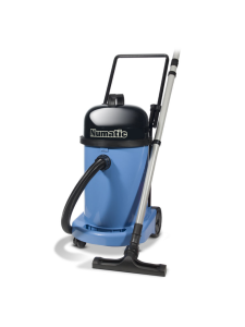 Numatic vacuum cleaner with a tilting trolley frame and floor tool attached.