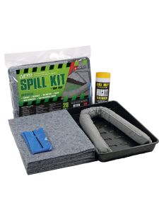 Oil and fuel spill kit with absorbent pads, absorbent sock, drip tray, and disposal bag – portable spillage kit for spill control and workplace safety.