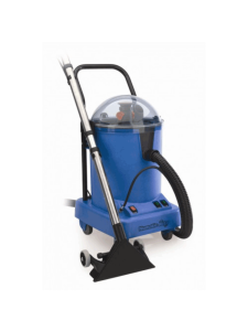 Blue Numatic carpet extractor with wand, hose, and domed clear lid.