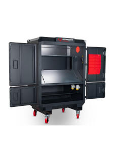 Lockable mobile storage cabinet with internal shelving and integrated power unit