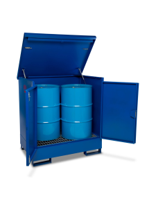 Bunded steel drum storage cabinet with lift-up lid and internal sump holding oil drums