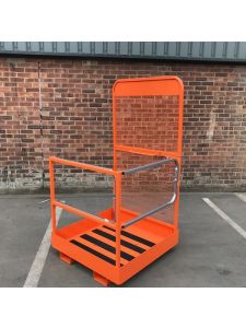 Orange forklift safety access platform with guard rails and anti-slip base for secure lifting of personnel during maintenance and inspections.