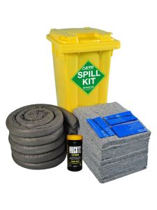Yellow wheelie bin spill kit with absorbent pads, socks, and spill control accessories for oil and chemical spills