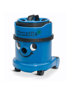 Blue Numatic vacuum cleaner with hose and floor tool attached.