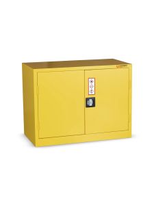 Yellow COSHH chemical storage cabinet with secure double doors for hazardous materials