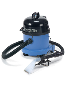 Numatic carpet and upholstery extractor with hose and spray extraction tool attached.