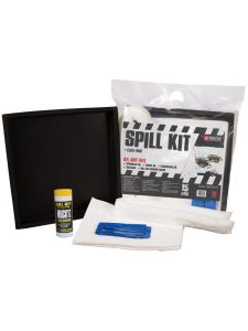Portable spill kit with absorbent pads, disposal bag, and cleaning accessories for fuel and oil spill control – compact spillage kit in clear carry pack