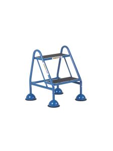 Blue steel step stool with safety handrails and dome feet