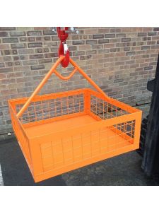 Orange crane lifting cage with mesh sides suspended by lifting chains