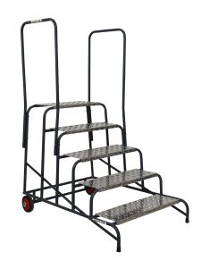 Mobile safety steps with four anti-slip treads, handrails, and rear castor wheels.