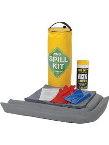 EVO spill kit in yellow drum with absorbent pads, absorbent socks, gloves, and disposal bag – portable spillage kit for oil and fuel spill control.