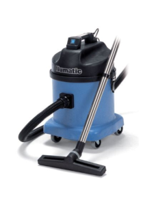 Blue Numatic wet and dry vacuum cleaner with hose, wand, and floor tool attached.