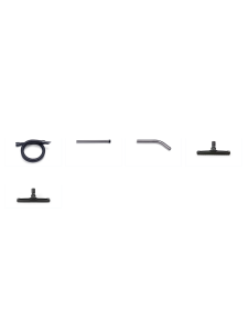 Set of vacuum cleaner attachments displayed in a row, including hose, wands, and floor heads.