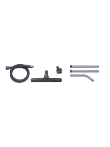 Set of vacuum cleaner accessories including hose, wands, brush heads, and connectors.