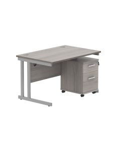 Core Twin Upright Rectangular Desk with Mobile Pedestal - Alaskan Grey Oak