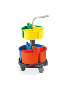 Professional cleaning trolley with colour-coded buckets and wringer on castor wheels.