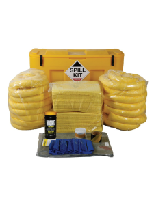 Chemical spill kit in yellow storage chest containing absorbent socks, pads, PPE and disposal materials for hazardous chemical spill containment.