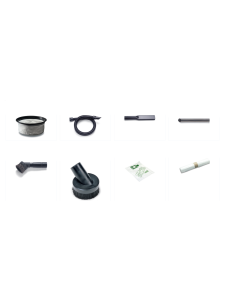 Set of vacuum cleaner accessories laid out, including filters, brushes, tubes, and connectors.