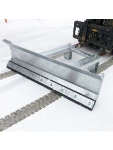 Forklift-mounted snow plough attachment clearing snow from concrete surface.