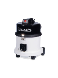 Numatic vacuum cleaner with black top and white drum on castor wheels