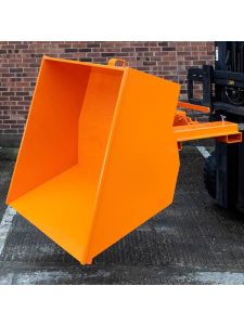 Orange forklift tipping skip viewed from the front