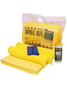 Compact spill kit with yellow absorbent pads, disposal bag, and cleaning accessories – portable spillage kit for chemical and oil spill control.