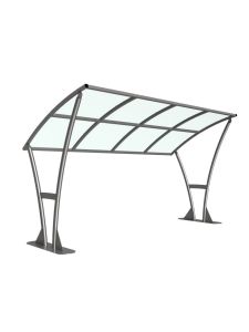 Modern cycle shelter with curved roof and decorative steel frame – durable outdoor bike storage for schools, workplaces, and public spaces