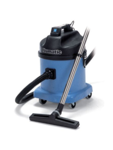 Blue Numatic wet and dry vacuum cleaner with hose and floor tool attached.