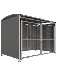 Secure cycle shelter with galvanised steel frame, mesh sides, and curved roof – outdoor bike storage for schools and businesses.