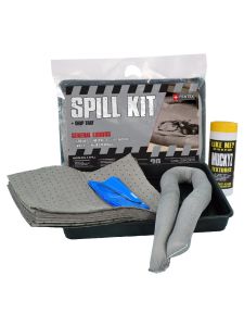 Compact spill kit with grey absorbent pads, absorbent sock, drip tray, and disposal bag – portable spillage kit for oil and fuel spill control.