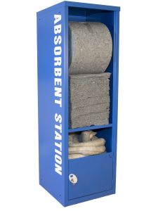 Blue absorbent station cabinet with absorbent pads, rolls, and socks for spill control