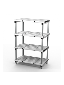 Multi-tier aluminium shelving unit with slatted shelves and open frame design