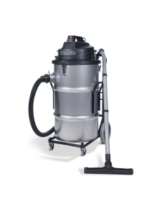 Industrial wet and dry vacuum cleaner with hose and floor nozzle, shown on wheels.