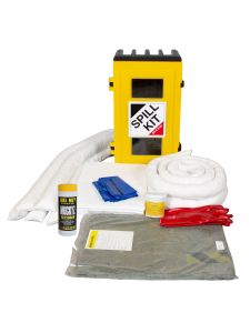 Yellow spill kit container with absorbent pads, socks, gloves, and accessories for spill control
