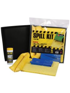 Compact spill kit in portable bag with absorbent pads, socks, gloves, and spill control accessories
