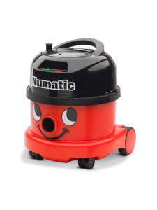 Red Numatic vacuum cleaner with smiling face design and black top.