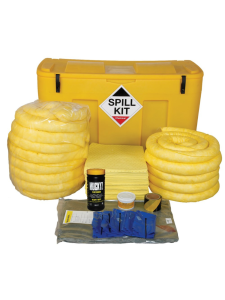 250 litre chemical spill kit in yellow mobile locker containing absorbent socks, pads, PPE and disposal materials for hazardous spill response.