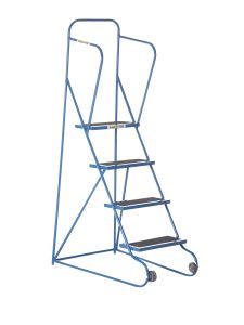 Blue mobile safety steps with three treads and safety handrail.
