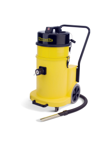 Yellow Numatic industrial vacuum cleaner with hose and metal probe attachment.