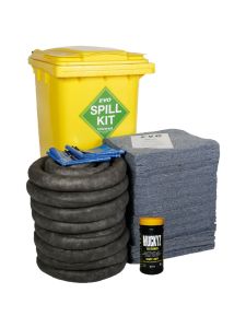 EVO spill kit in yellow bin with absorbent pads, absorbent socks, and disposal accessories – large capacity spillage kit for oil and fuel spill control