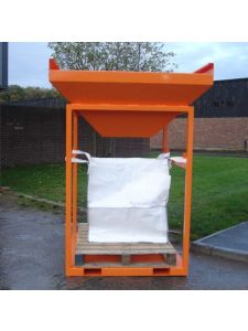 Orange forklift bulk bag frame with top cover, holding a white industrial sack on a pallet for safe bulk material storage and handling
